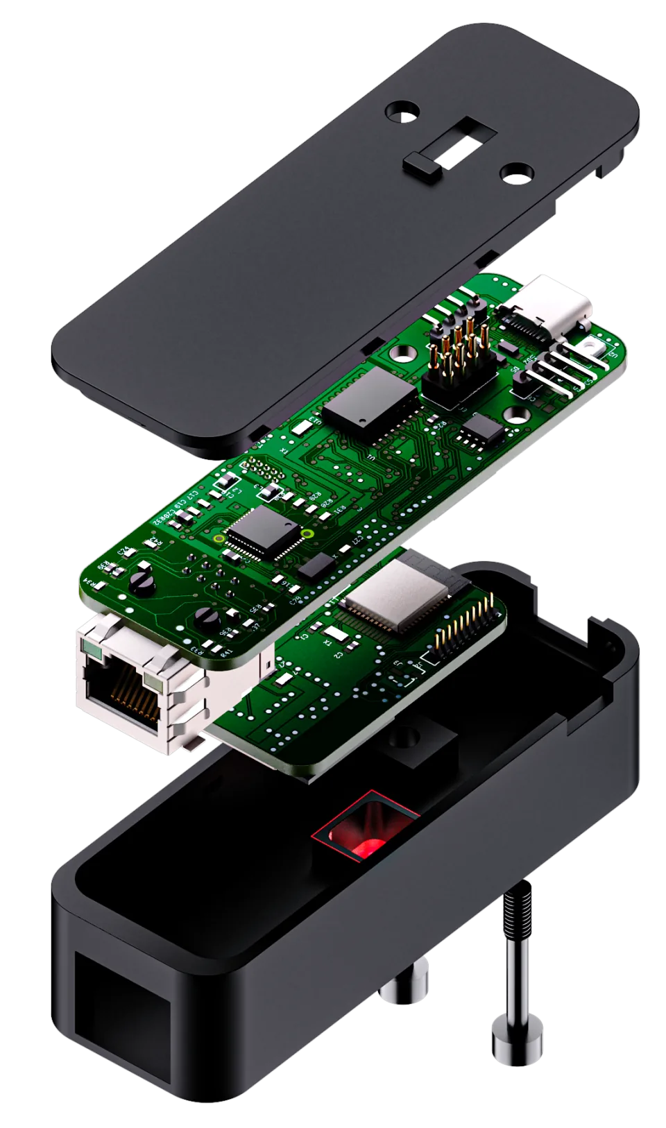 APC-R Mini 분해도: Ethernet 잭, USB-C, 안테나, 케이스 나사 및 쉘이 있는 PCB