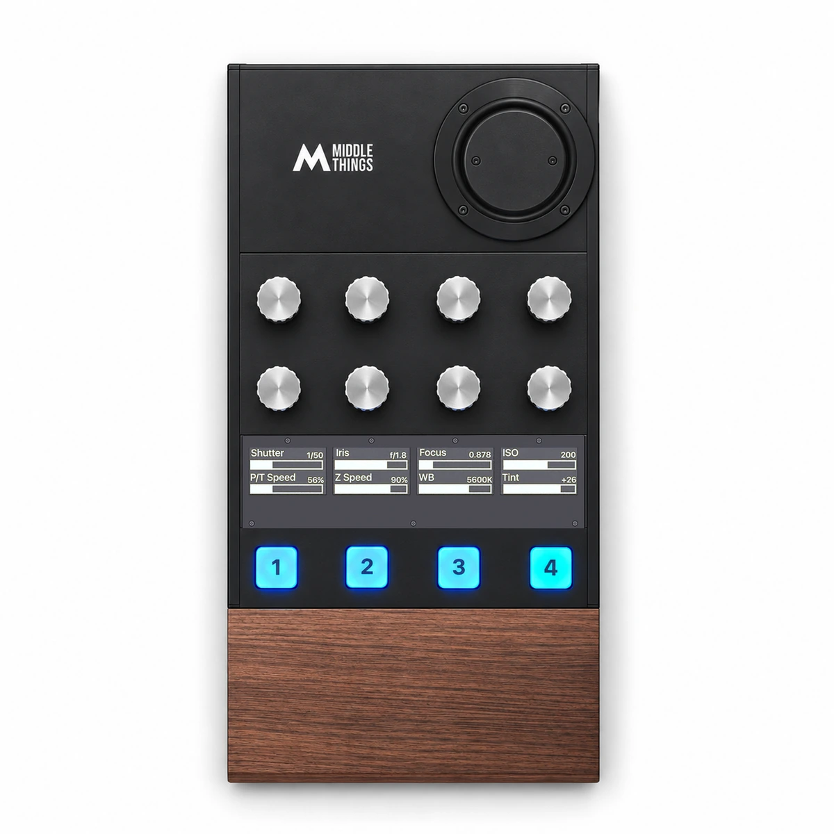 Middle Remote, top-down view of the joystick, RGB buttons, and OLED dials