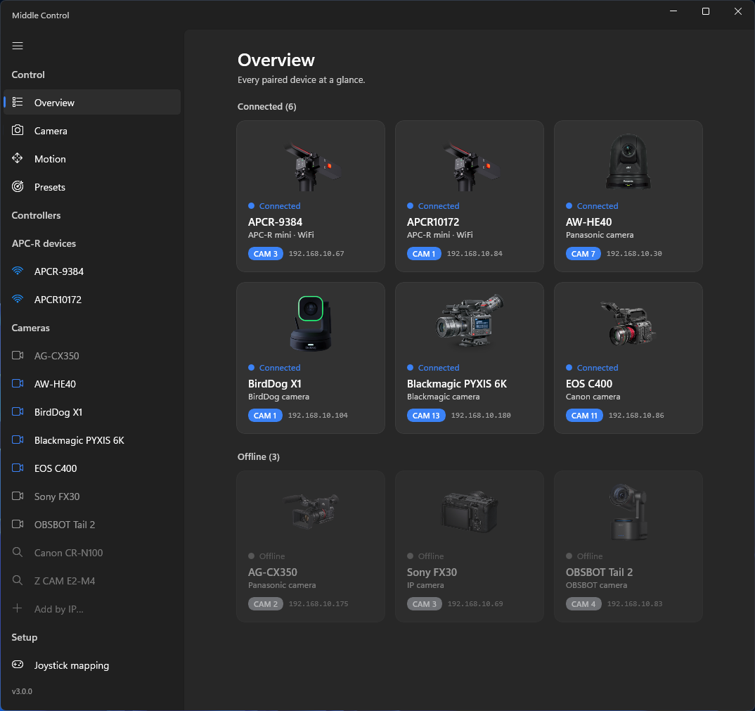 Page Vue d'ensemble de Middle Control sur Windows